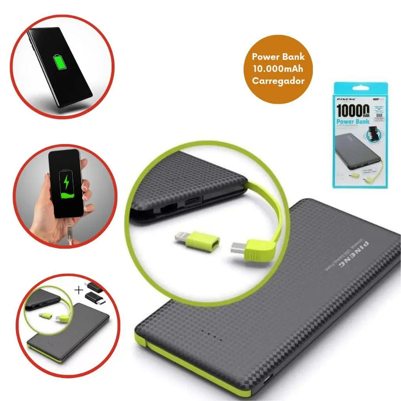 Power Bank 10.000mAh V8 com adaptador tipo C e Lightning (IPhone ).