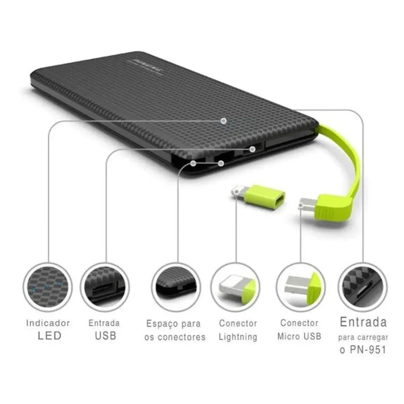 Power Bank 10.000mAh V8 com adaptador tipo C e Lightning (IPhone ).