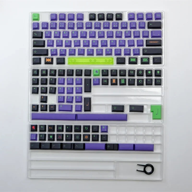 Teclado mecânico Keycap personalizado, inspirado no anime Neon Genesis Evangelion, com design do EVA-01 e compatível com switches Cherry MX."