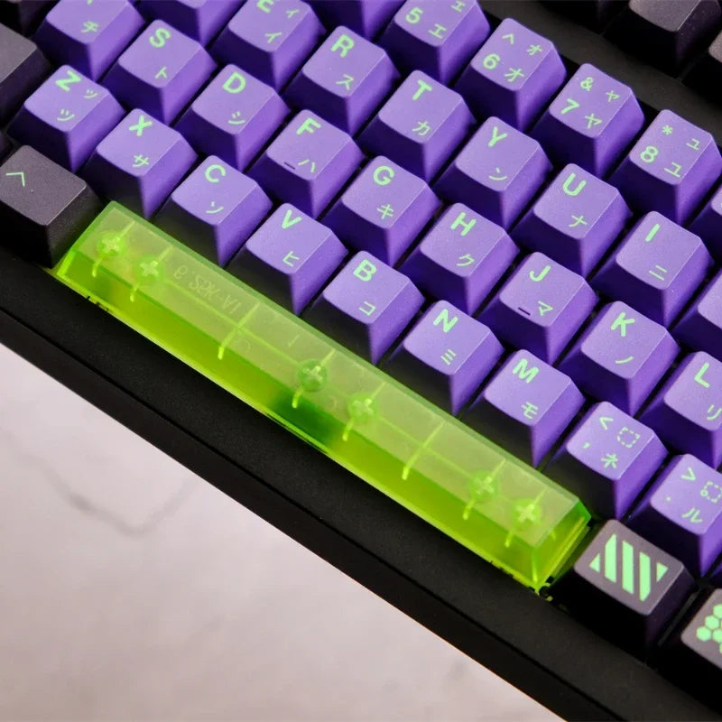 Teclado mecânico Keycap personalizado, inspirado no anime Neon Genesis Evangelion, com design do EVA-01 e compatível com switches Cherry MX."