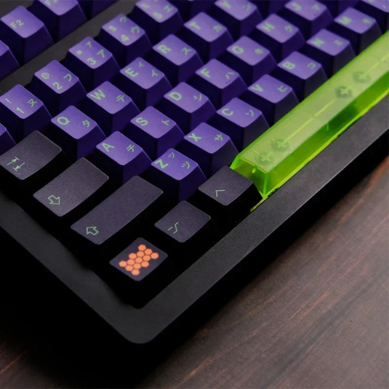 Teclado mecânico Keycap personalizado, inspirado no anime Neon Genesis Evangelion, com design do EVA-01 e compatível com switches Cherry MX."